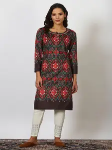 W Ethnic Motifs Printed Mirror Work Keyhole Neck A-Line Kurta