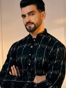 Anouk Black Quirky Printed Sequinned Mandarin Collar Pure Cotton Straight Kurta