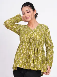 PINGAKSH Floral Printed Bell Sleeve Cotton Peplum Top