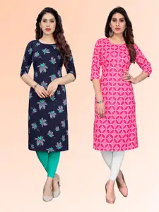 KETAKI FASHION Selection Of 2 Floral Printed Round Neck Straight Kurtas