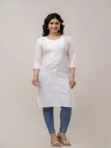 GUNDIA FASHION Floral Embroidered Notch Neck Thread Work Pure Cotton Straight Kurta