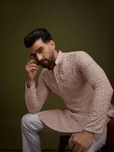 Anouk Pink Floral Embroidered Sequinned Mandarin Collar Pure Cotton Straight Kurta