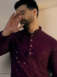 Anouk Purple Floral Embroidered Sequinned Mandarin Collar Pure Cotton Straight Kurta