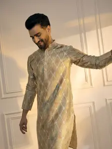 Anouk Brown Chevron Embroidered Gotta Patti Mandarin Collar Pure Cotton Straight Kurta