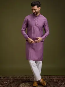 Anouk Purple Geometric Embroidered Mandarin Collar Pure Cotton Straight Kurta