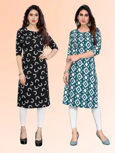 KETAKI FASHION Selection Of 2 Floral Printed Round Neck Straight Kurtas