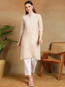 VINH FASHION Ethnic Motifs Embroidered Mandarin Collar Chikankari Srtaight Kurta