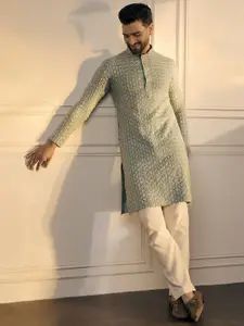 Anouk Green Floral Embroidered Sequinned Mandarin Collar Pure Cotton Straight Kurta