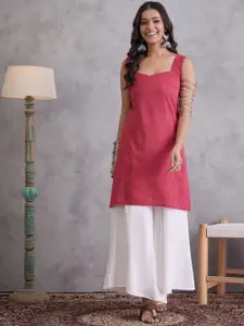 InWeave Striped Sweetheart Neck Kantha Work Cotton Straight Kurta