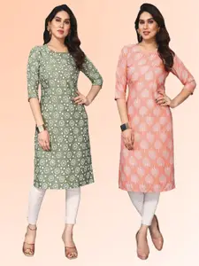 KETAKI FASHION Selection Of 2 Striped Floral Round Neck Straight Kurtas