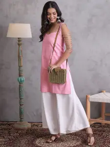 InWeave Striped Sweetheart Neck Kantha Work Cotton Straight Kurta