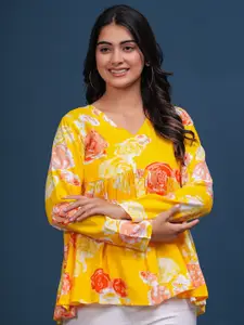 PINGAKSH Women Floral Printed Puff Sleeve Cotton Peplum Top