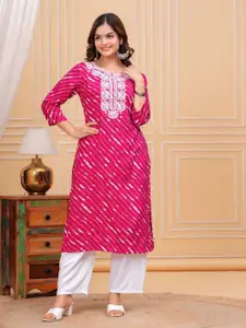 NEW4U Leheriya Printed Embroidered Mirror Work Straight Kurta