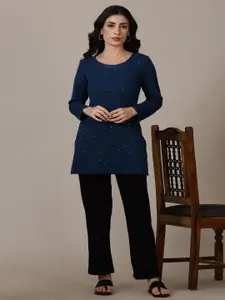 AURELIA Embroidered Sequinned Round Neck A-Line Kurti