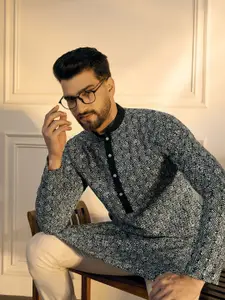 Anouk Black Geometric Embroidered Sequinned Mandarin Collar Straight Kurta