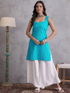 InWeave Striped Kantha Work Sweetheart Neck Cotton Straight Kurta