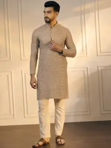 Anouk Floral Embroidered Sequinned Mandarin Collar Pure Cotton Straight Kurta