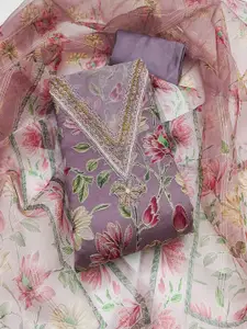 MANVAA Floral Printed Beads Work Organza Unstitched Dress Material