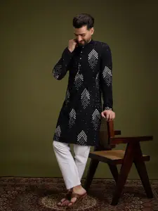 Anouk Black Geometric Embroidered Sequinned Mandarin Collar Pure Cotton Straight Kurta