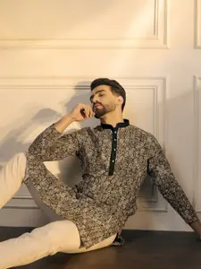 Anouk Black Geometric Embroidered Sequinned Mandarin Collar Straight Kurta