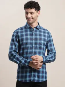 Turtle Men Relaxed Fit Spread Collar Tartan Checked Cotton Casual Shirt