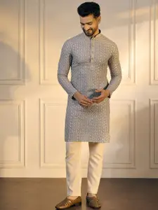 Anouk Grey Floral Embroidered Sequinned Mandarin Collar Pure Cotton Straight Kurta
