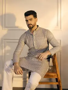 Anouk Lavender Floral Embroidered Sequinned Mandarin Collar Pure Cotton Straight Kurta