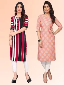 KETAKI FASHION Selection of 2 Striped Round Neck Straight Kurtas