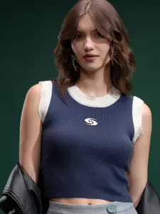 Tokyo Talkies Women Self Design Round Neck Crop Sweater