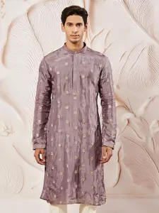 VASTRAMAY Floral Embroidered Mandarin Collar Sequinned Tissue Silk Straight Kurta