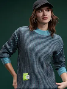 Tokyo Talkies Women Round Neck Self Design Embellished Sweater