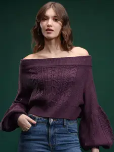 Tokyo Talkies Women Full Sleeve Shoulder Crop Sweater