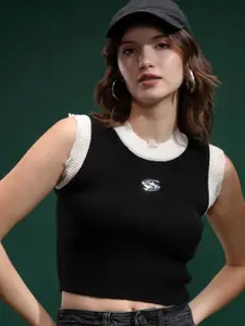 Tokyo Talkies Women Self Design Round Neck Crop Sweater