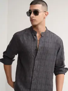 HIGHLANDER Men Band Collar Textured Cotton Casual Shirt