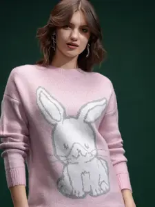 Tokyo Talkies Women Round Neck Self Design Printed Sweater