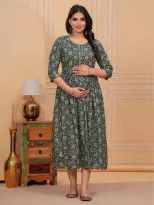 Akshara Fashion Women Floral Printed Maternity Fit and Flare Midi Dress