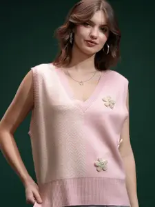 Tokyo Talkies Women Embellished Sleeveless V Neck Sweater