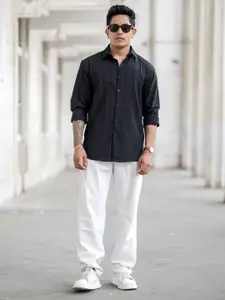 Powerlook Men Spread Collar Textured Pure Cotton Casual Shirt