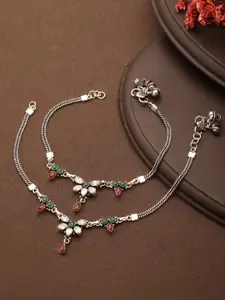 Saraf RS Jewellery Rhodium-Plated Artificial Beads Beaded Floral Anklets