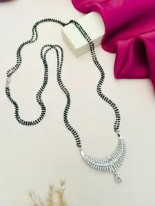 ABDESIGNS Silver-Plated American Diamond Studded & Beaded Mangalsutra With Earrings