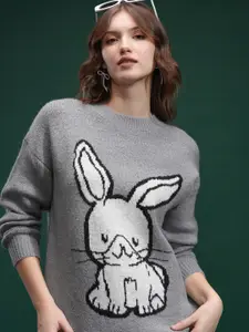 Tokyo Talkies Women Round Neck Self Design Printed Sweater