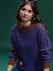 Tokyo Talkies Women Round Neck Self Design Embellished Sweater