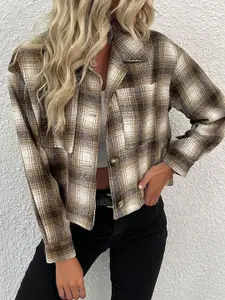 DressBerry Women Checked Lapel Collar Shirt Style Top