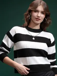 Tokyo Talkies Women Self Design Round Neck Sweater