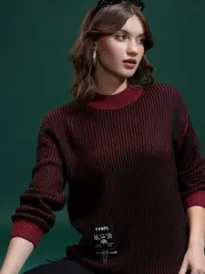 Tokyo Talkies Women Round Neck Self Design Embellished Sweater