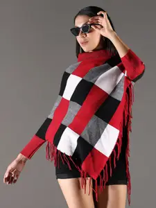 SHOWOFF Women Checked Longline Poncho with Fringed Detail