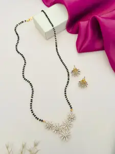 ABDESIGNS Gold Plated American Diamond Studded & Beaded Mangalsutra With Pair Of Earrings