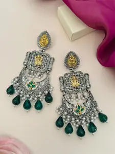 ABDESIGNS Silver-Plated Classic Stone Studded & Beaded Drop Earrings
