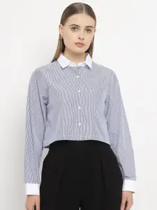 Sands of India Women Modern Fit Spread Collar Vertical Striped Cotton Casual Shirt