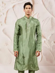 VASTRAMAY Mandarin Collar Sequinned Tissue Silk Straight Kurta